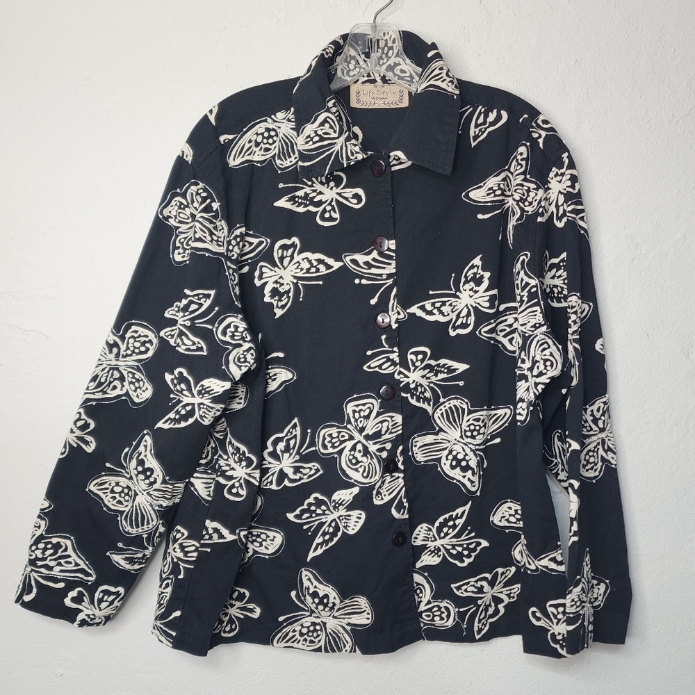 Vintage Life Style Black Butterfly Print Beaded‎ Embroidery Jacket 2X